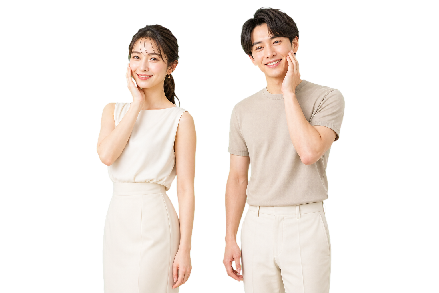 きれいな腕を見せながら頬に手を添える若い男女
